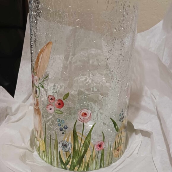 Yankee Candle Bunny with Glasses Crackle Glass Large Hurricane Candle Holder NEW - Picture 2 of 5